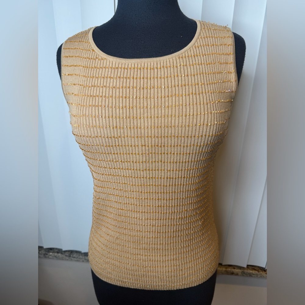 Kate Hill Silk Blend Beaded Elegant Gold Sleeveless Top Size Medium